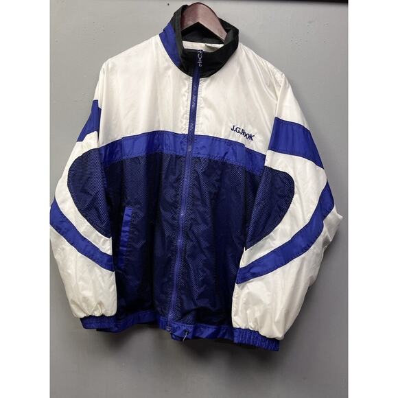 Vintage J.G. Hook Windbreaker Mens Medium Blue Black White Nylon‎ Zip 90's - Picture 1 of 10